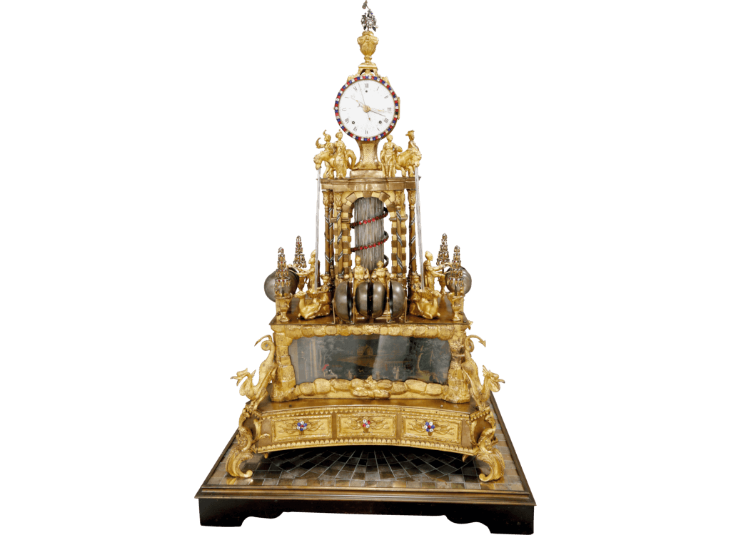 Gilt bronze chiming clock with water automaton and musicians on three sides