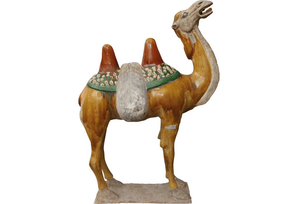 Pottery figure of a camel in tri-colour glaze